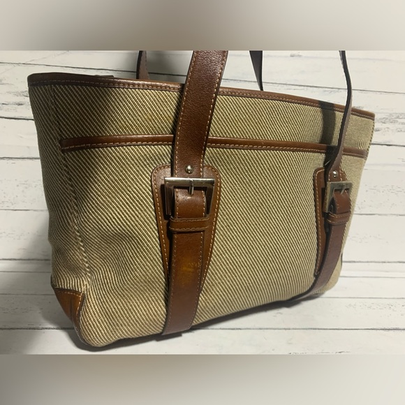 Etienne Aigner Canvas and Leather Tote Bag Striped Design with Adjustable Straps - Picture 6 of 16